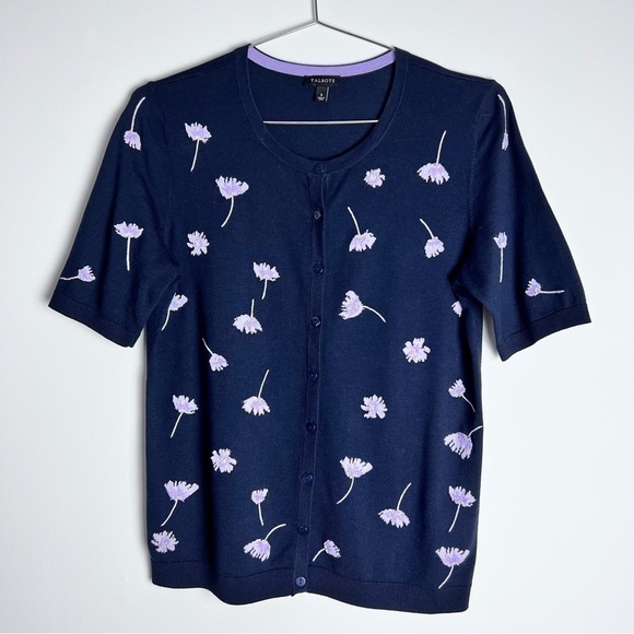 Talbots Sweaters - TALBOTS Spring Navy Short Sleeve Cardigan Lavender Embroidered Beaded Flowers